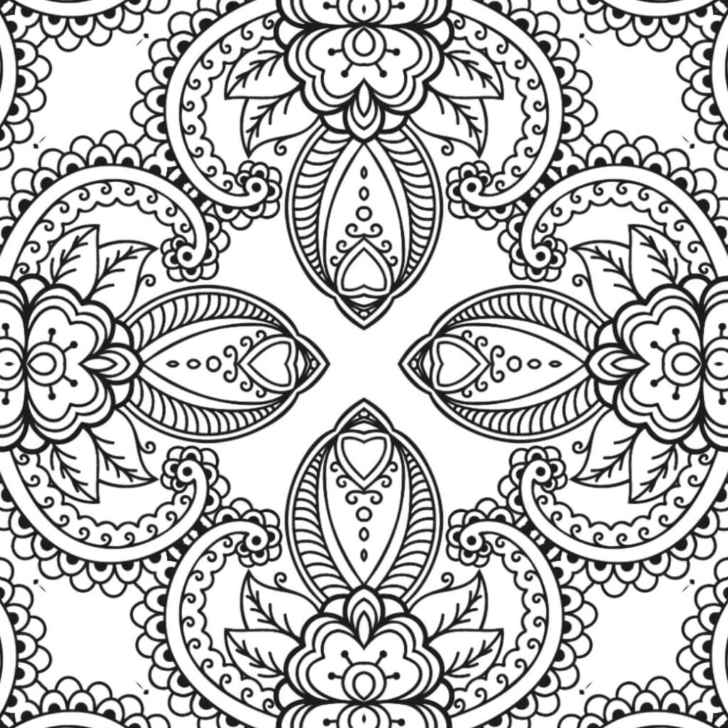 Traditional mandala with paisley shapes and floral details for coloring and meditation