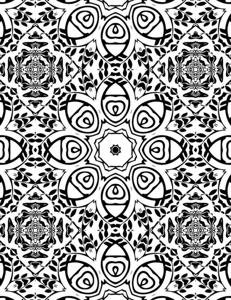 Intricate peacock feather mandala with eye-like patterns, flowing organic shapes, and symmetrical nature motifs for relaxation coloring