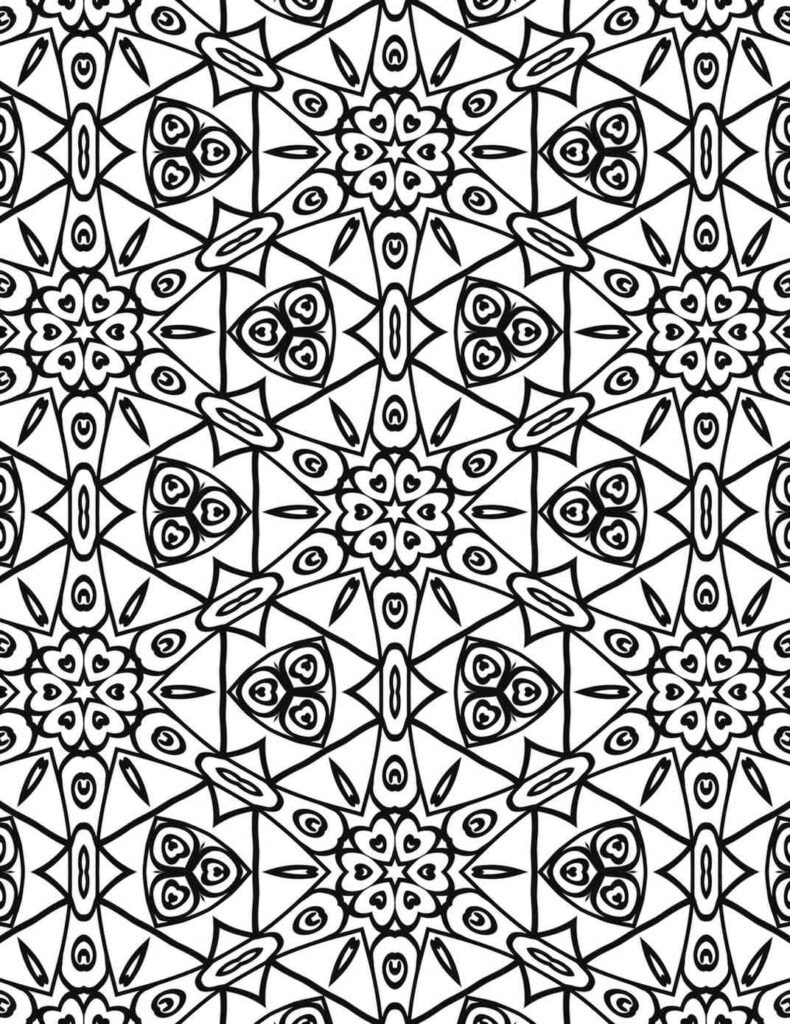 Black and white peacock heart mandala with star centers and triangular patterns for coloring and meditation