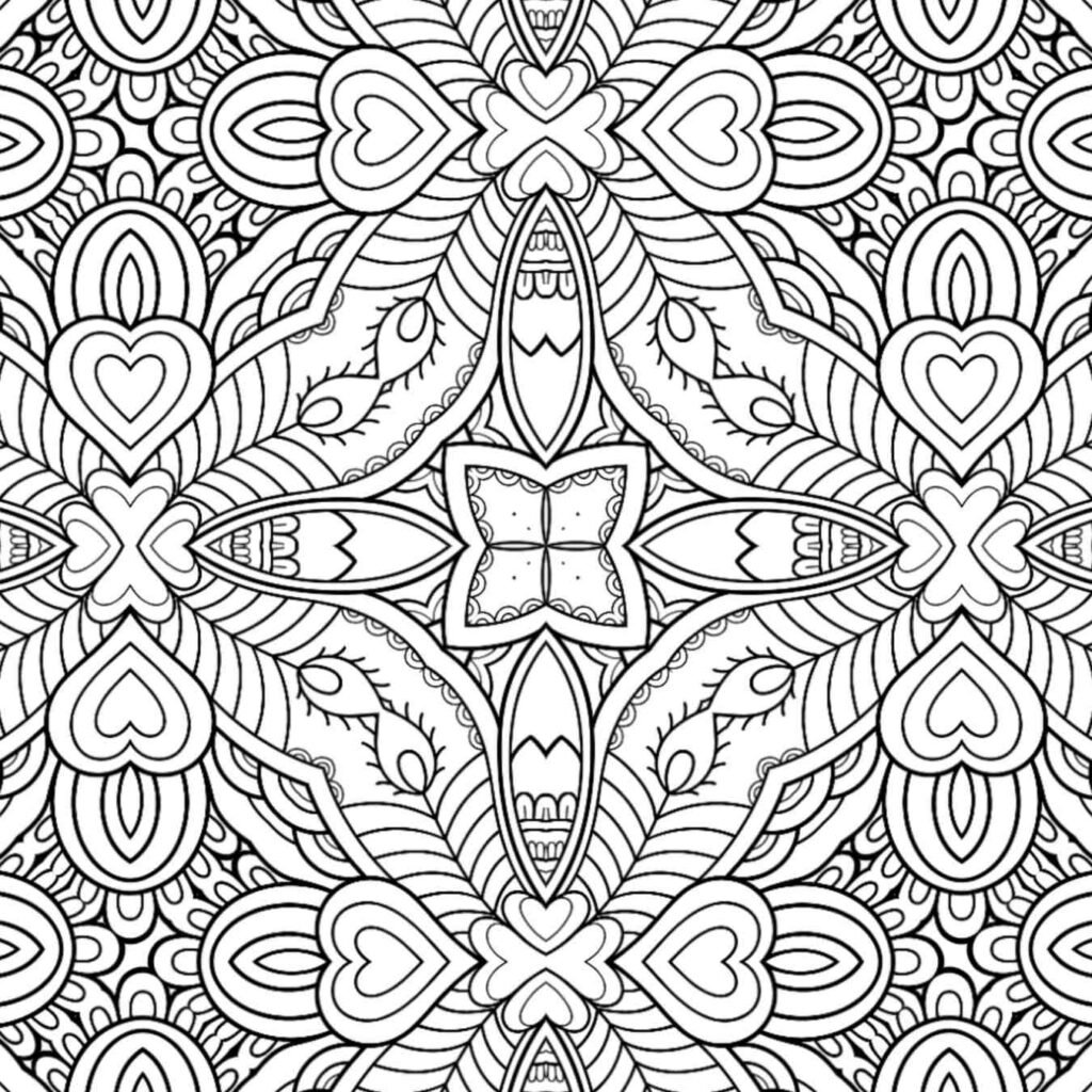Peacock heart mandala with heart-shaped core and feather-inspired patterns for coloring and mindfulness