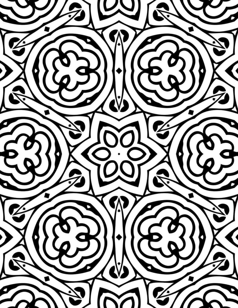 Black and white intricate Persian-inspired floral mandala for mindful coloring.
