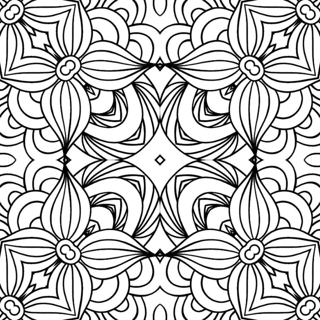 Symmetrical square mandala with prominent petal-like motifs, fan-shaped patterns, and a central diamond, perfect for meditative coloring.