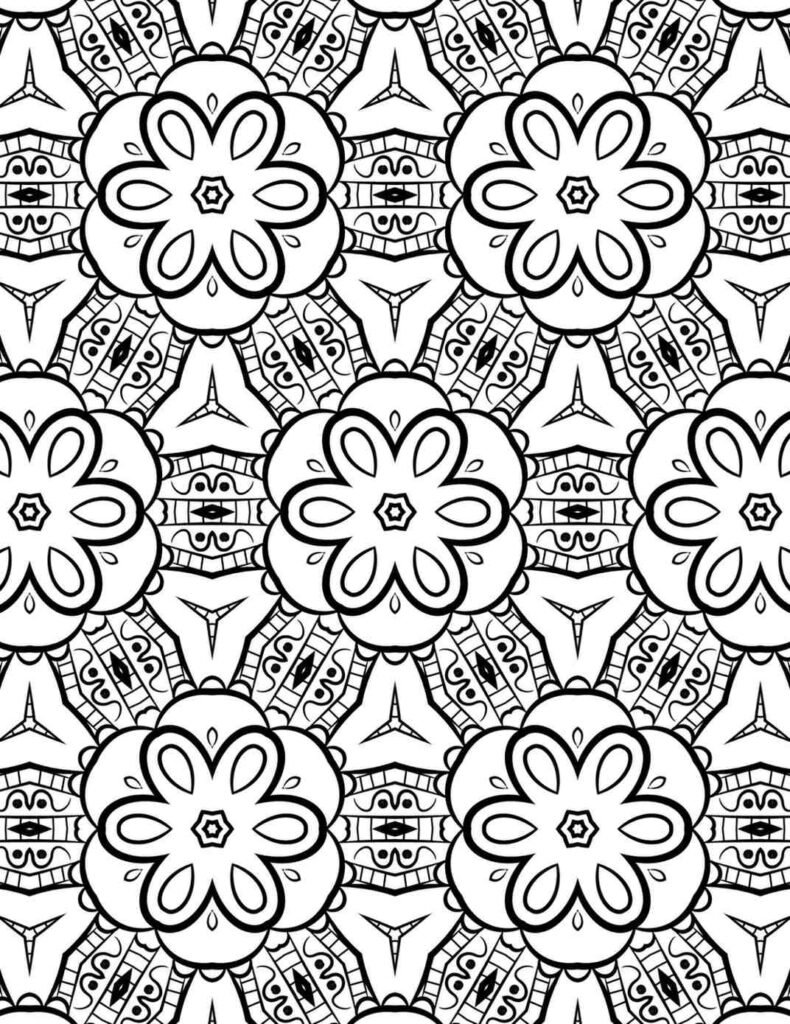 Intricate petal bloom mandala design with repeating floral and tribal-inspired geometric patterns for coloring and meditation