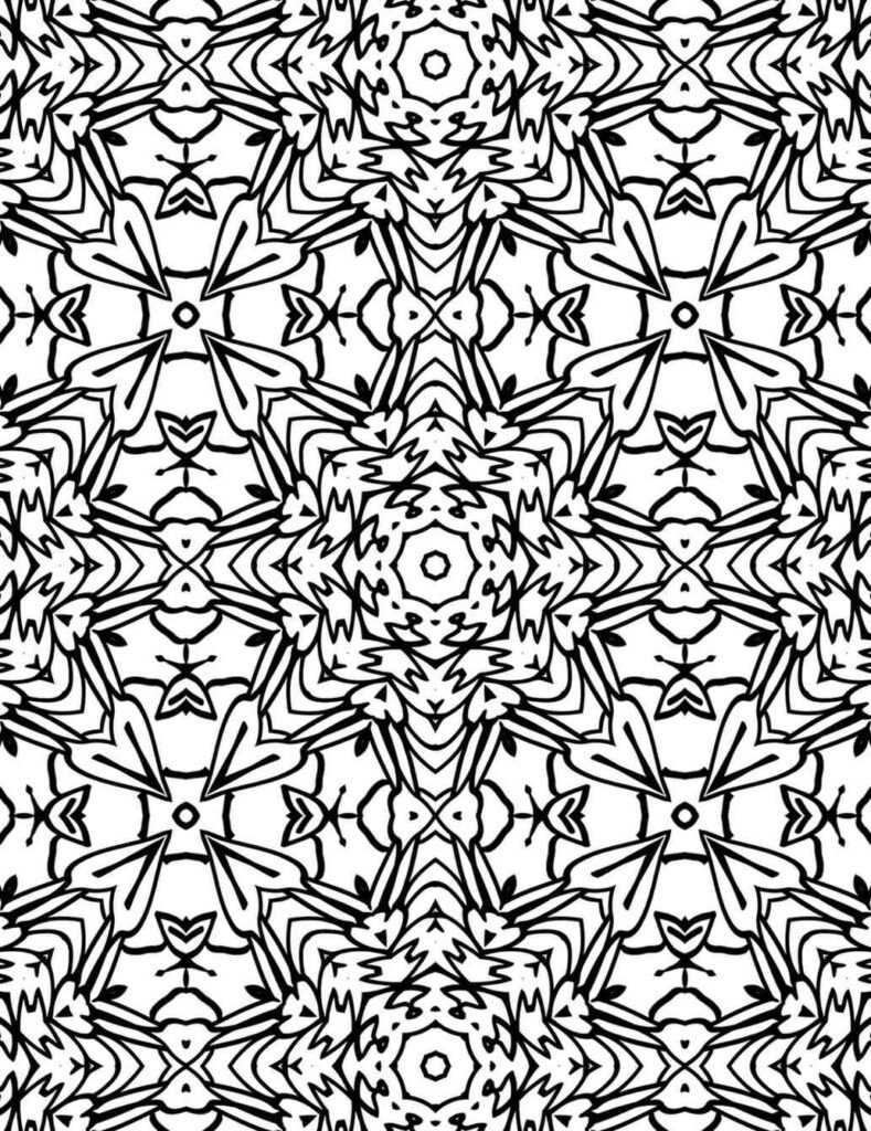 Dynamic black and white mandala with radiating petal-like forms and starburst patterns, perfect for creative coloring and artistic projects.