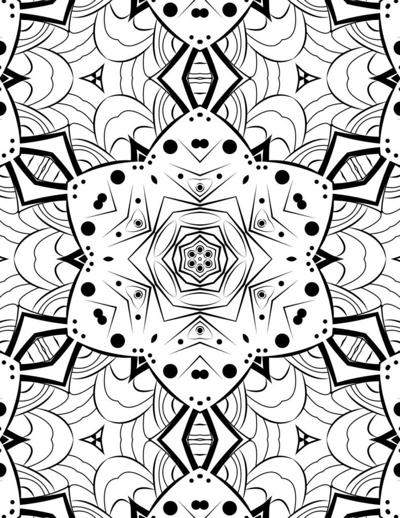 Detailed black and white mandala with a layered star-petal design, intricate dot patterns, and flowing geometric elements, perfect for adult mindfulness and coloring.