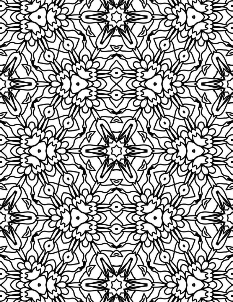 Detailed black and white mandala featuring floral clusters, central blooms, and layered symmetrical petals