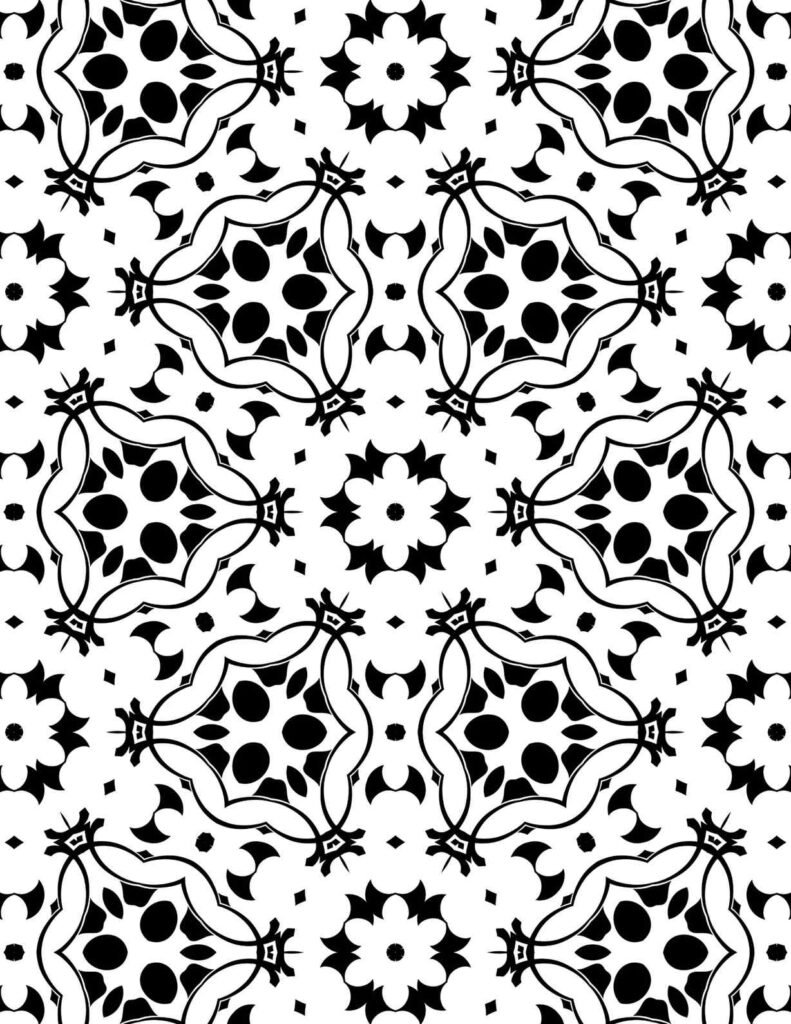 Mandala pattern with flower-like forms, leaf clusters, and flame-tipped outlines in a repeating black and white layout
