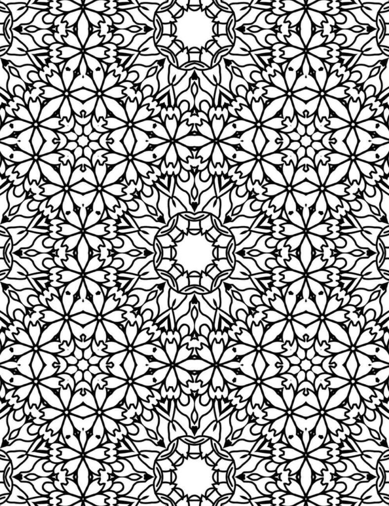 Detailed mandala design featuring radiating floral motifs and layered symmetrical petals in black and white
