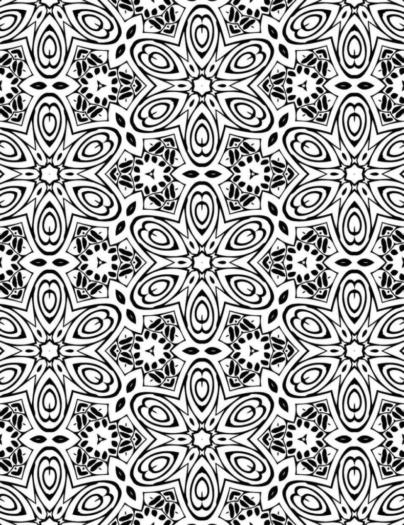 Black and white petal lace mandala with star center and almond leaf patterns for coloring and meditation