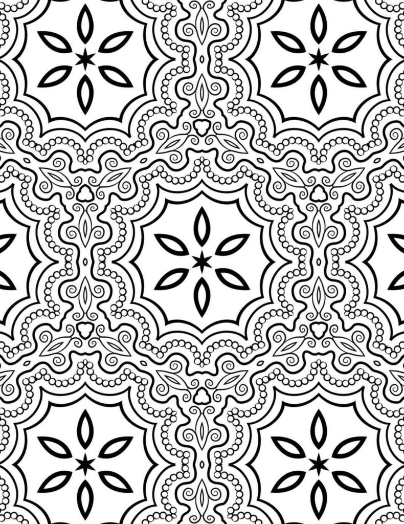 Symmetrical black and white mandala with floral petal shapes, intricate pearl-like borders, and elegant scrollwork.