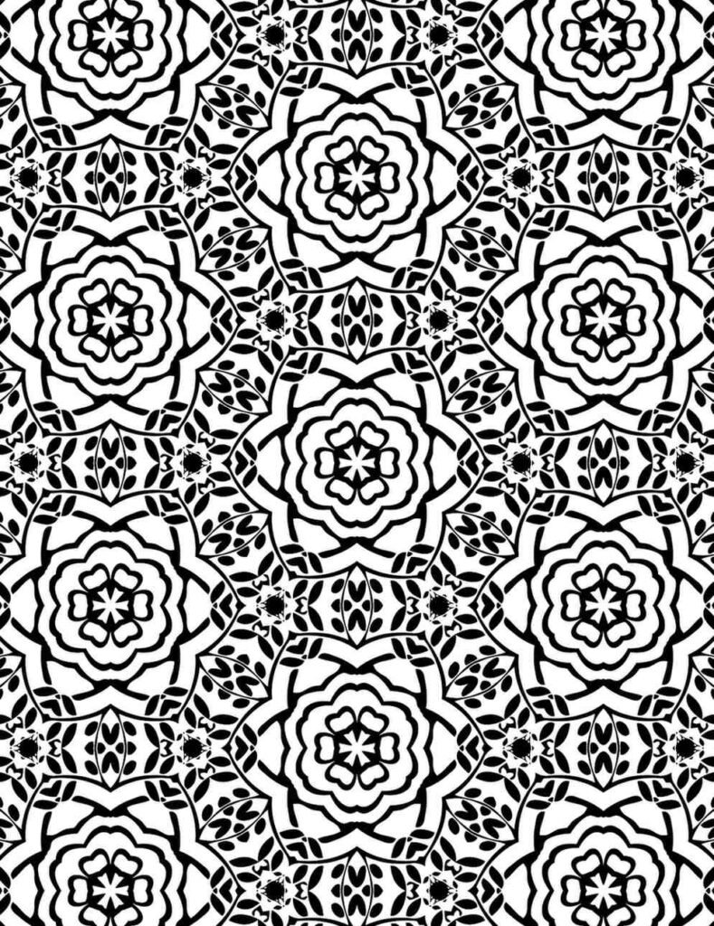 Symmetrical black and white mandala featuring layered floral patterns with petal and leaf motifs in a seamless grid