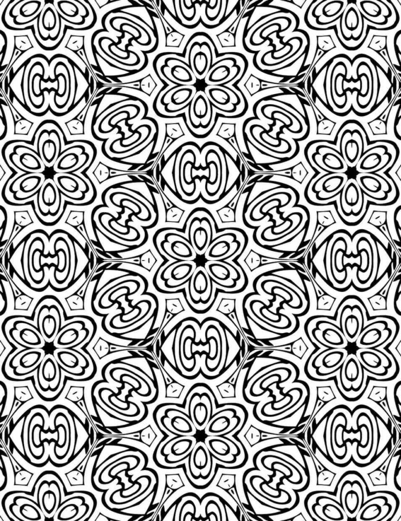 Black and white seamless floral mandala pattern with petal-shaped symmetry for coloring and mindfulness.