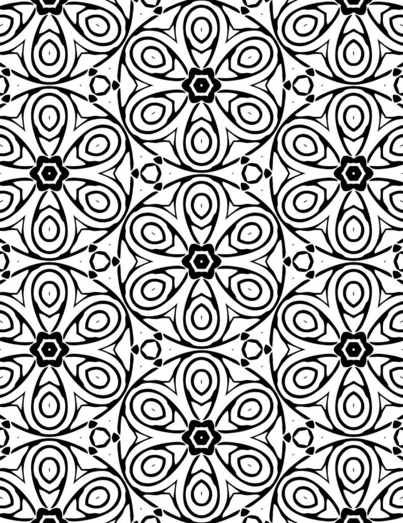 Black and white mandala with layered petal loops, floral centers, and repeating circular patterns for mindful coloring or digital art projects