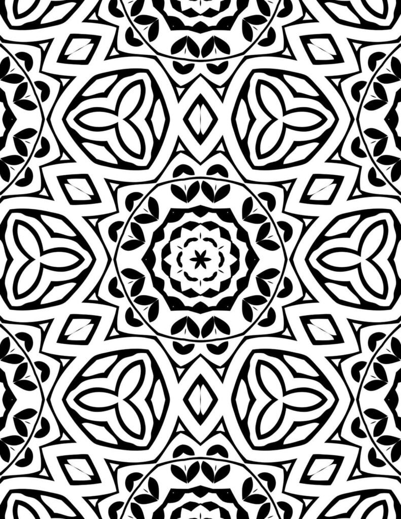Black and white mandala featuring petal clusters and diamond motifs in a repeating geometric floral pattern