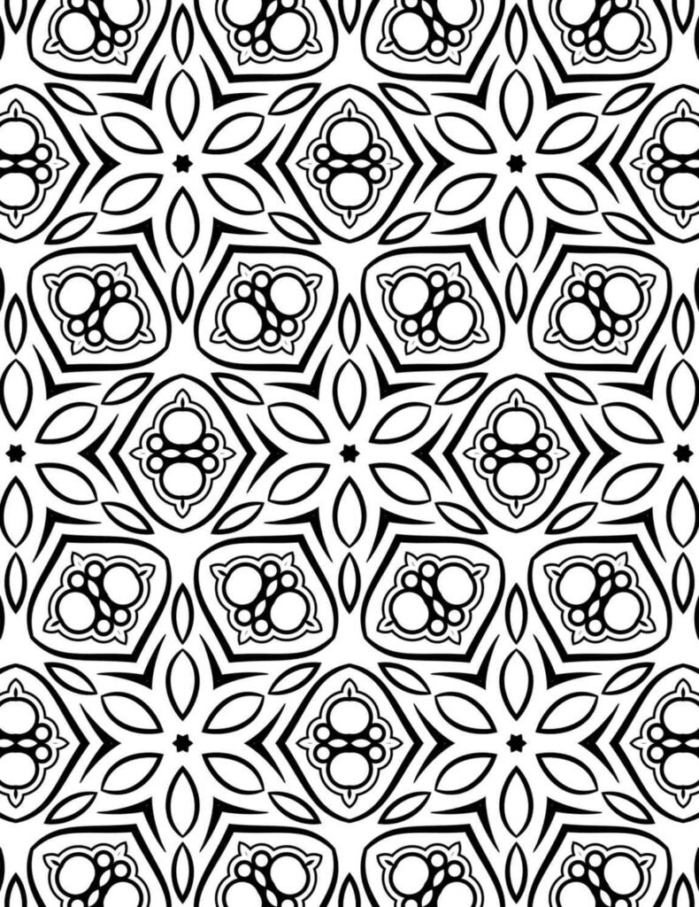 Black and white mandala featuring diamond-framed clusters and layered petal shapes in a repeating geometric layout