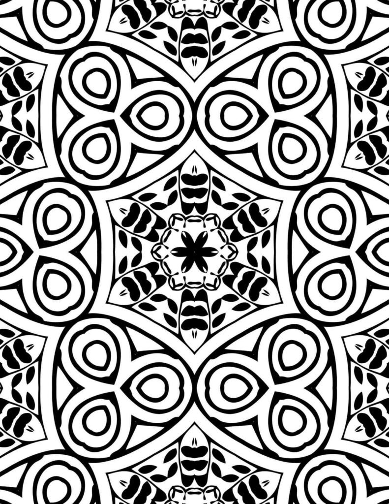 Black and white petal-style mandala design with looped triad shapes and natural leaf motifs in a repeating pattern