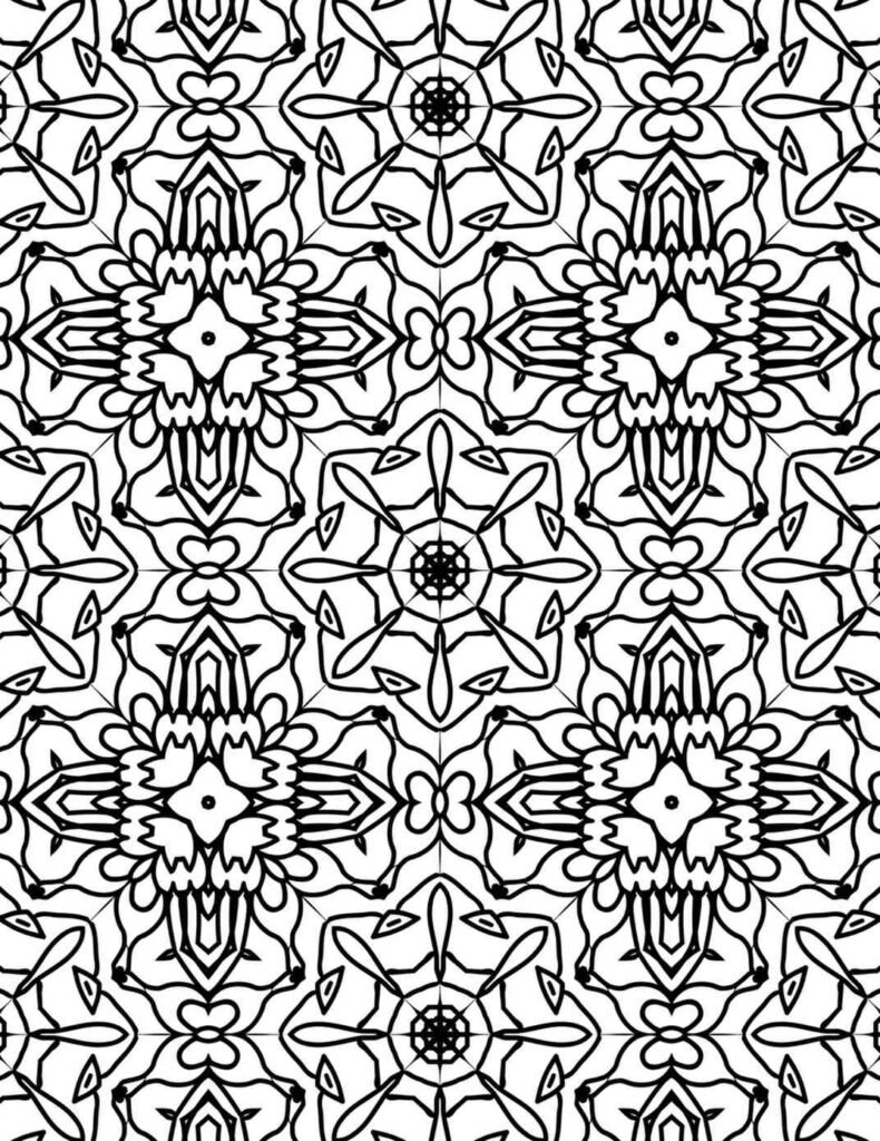 Black and white mandala with woven petal shapes, floral symmetry, and layered geometric outlines