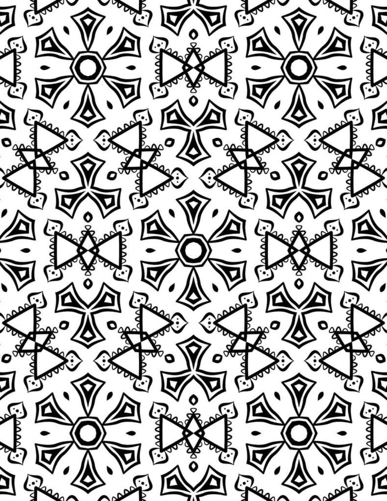 Intricate prismatic star mandala with geometric star patterns and dotted accents for coloring and meditation.