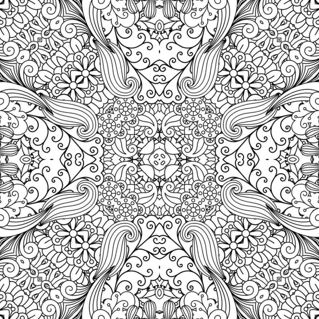 Highly detailed black and white square mandala with intricate swirling patterns, floral motifs, abstract flowing shapes, and dense organic textures, perfect for advanced coloring.