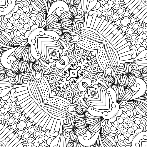 Complex symmetrical mandala with a central geometric core, radiating textured rays, and ornate floral and paisley patterns for stress relief coloring.