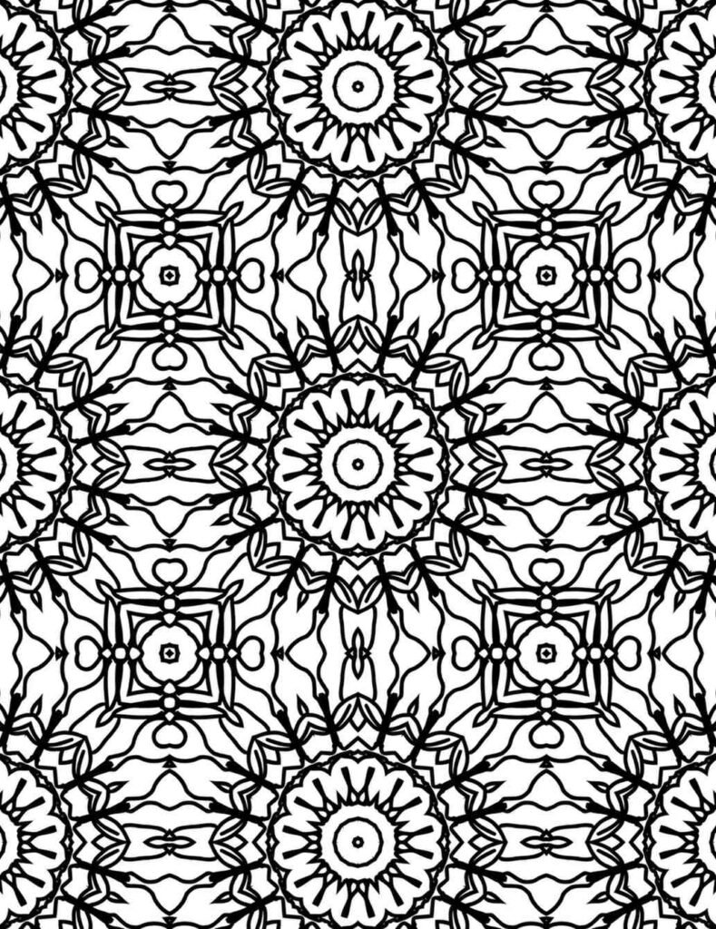 Floral-inspired radial mandala with heart motifs, petal shapes, and symmetrical line patterns for coloring and meditation