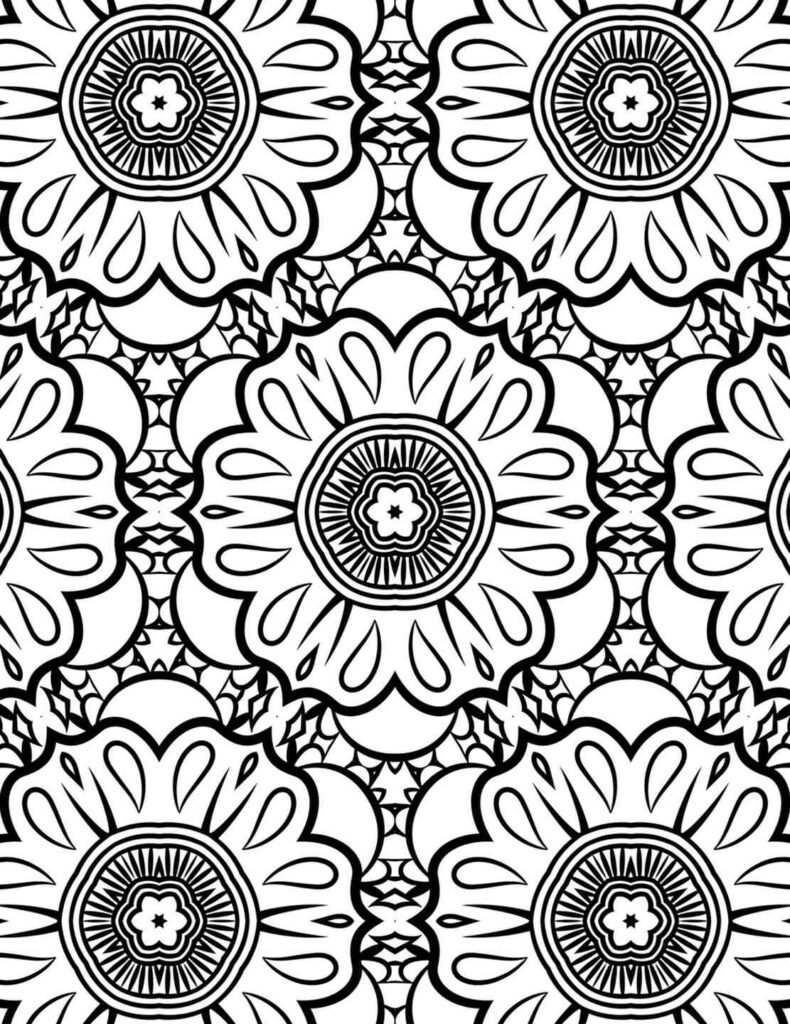 Seamless floral mandala with petal and droplet motifs in black and white, perfect for coloring, DIY art, and mindfulness exercises.