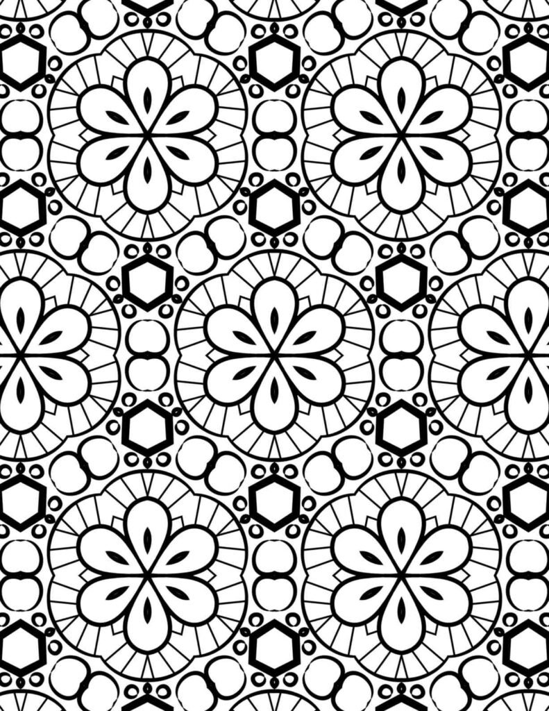 Radiant mandala pattern featuring petal-like floral motifs with geometric accents and concentric symmetry for mindful coloring