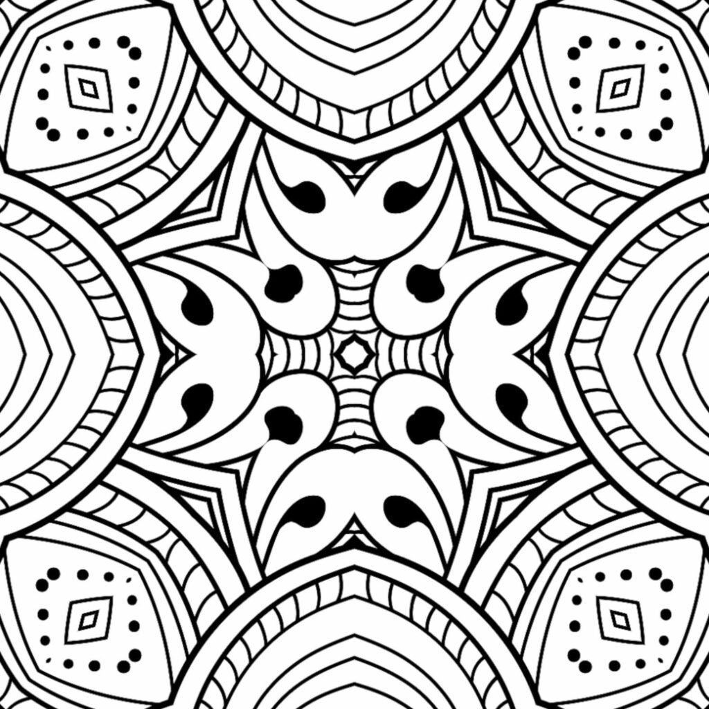 Radiant bloom mandala coloring page, intricate floral design, mindful art, stress relief