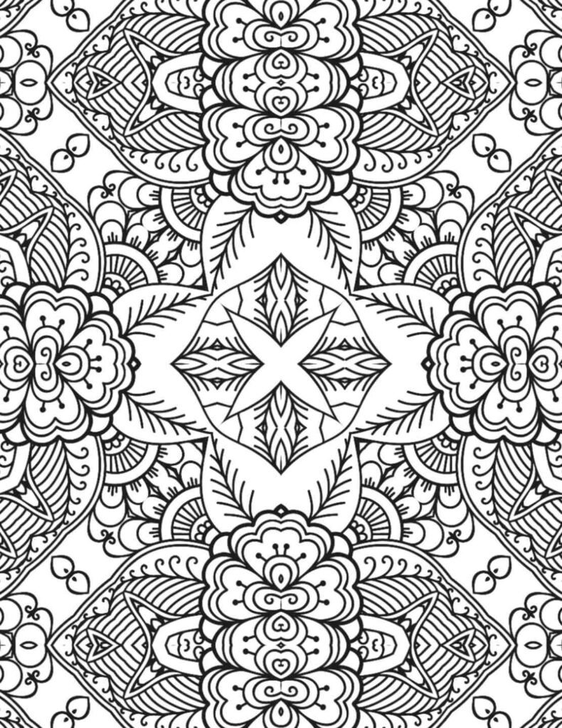 Radiant blossom mandala with floral swirls and symmetrical patterns for coloring and meditation
