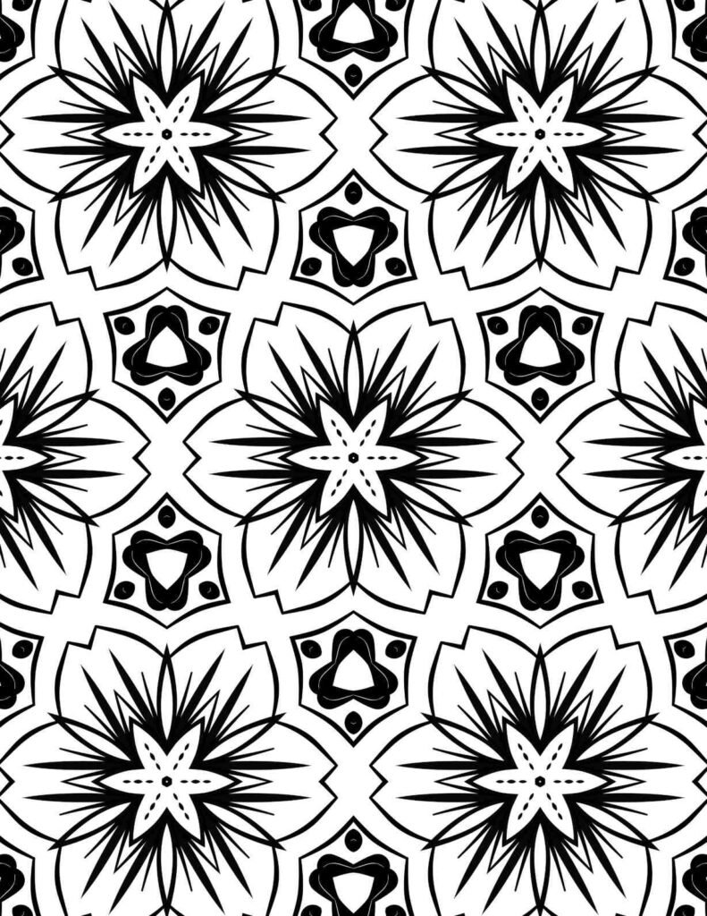 Intricate Radiant Blossom Mandala with starburst floral patterns and geometric accents for coloring and relaxation.
