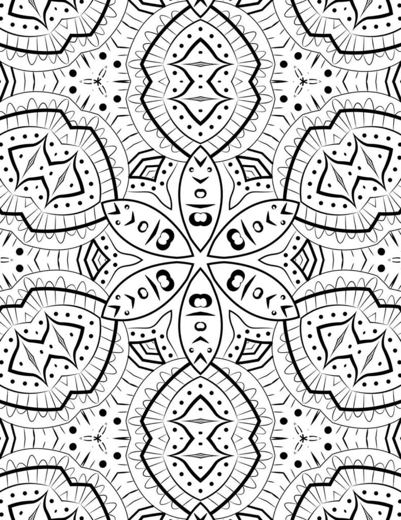 Elegant Radiant Blossom Mandala with symmetrical floral patterns and dotted accents, perfect for coloring and meditation.