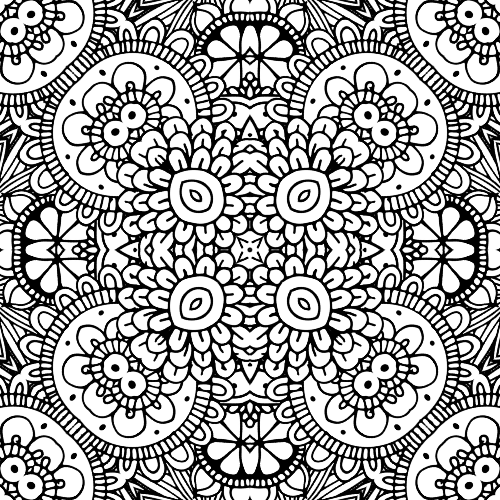 Balanced and symmetrical mandala coloring page featuring a central floral element surrounded by intricate geometric and organic patterns, promoting balance and tranquility.