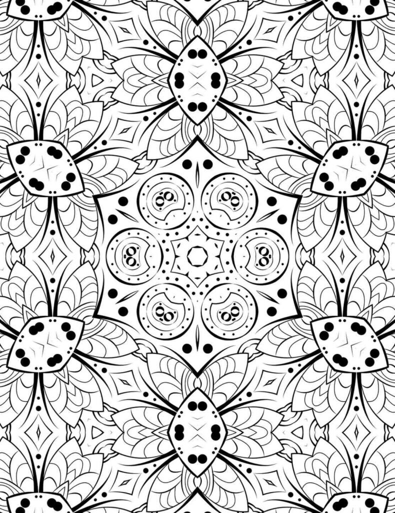 Intricate black-and-white Radiant Eye Mandala with eye-shaped patterns and petal designs for coloring and meditation