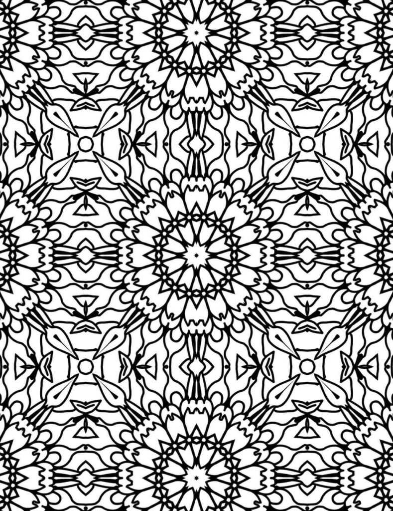 Black and white mandala featuring flame-like petals and intricate radial symmetry in a repeating floral grid design