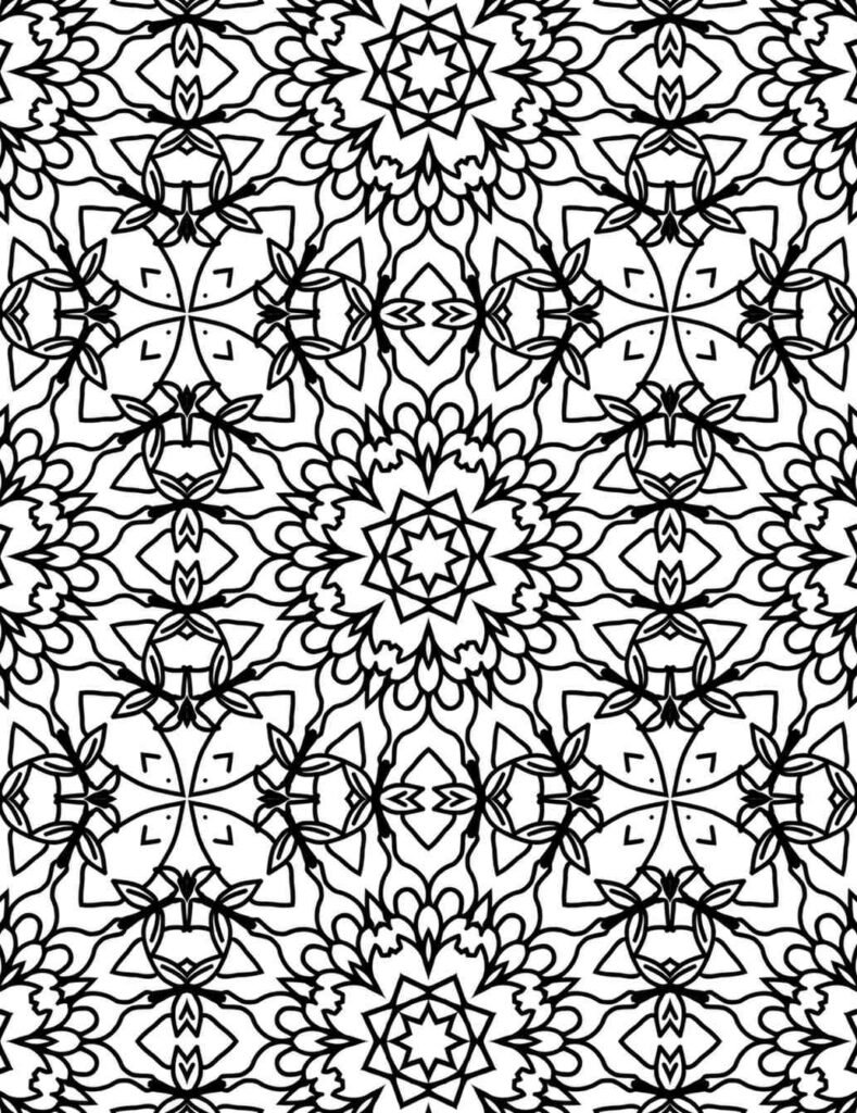 Black and white mandala with flame-like petals, geometric stars, and symmetrical floral detailing