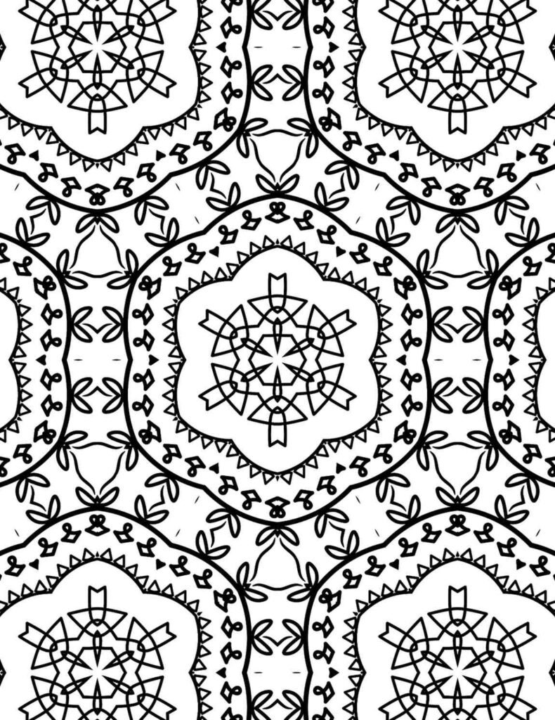 Detailed black and white Radiant Floral Lattice mandala with interwoven floral patterns and geometric latticework, perfect for coloring and relaxation.