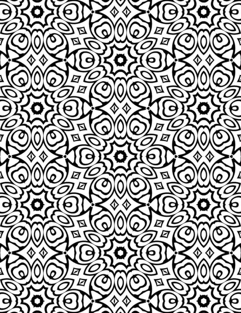 Seamless black and white mandala pattern with swirling ovals and diamond motifs in radial symmetry