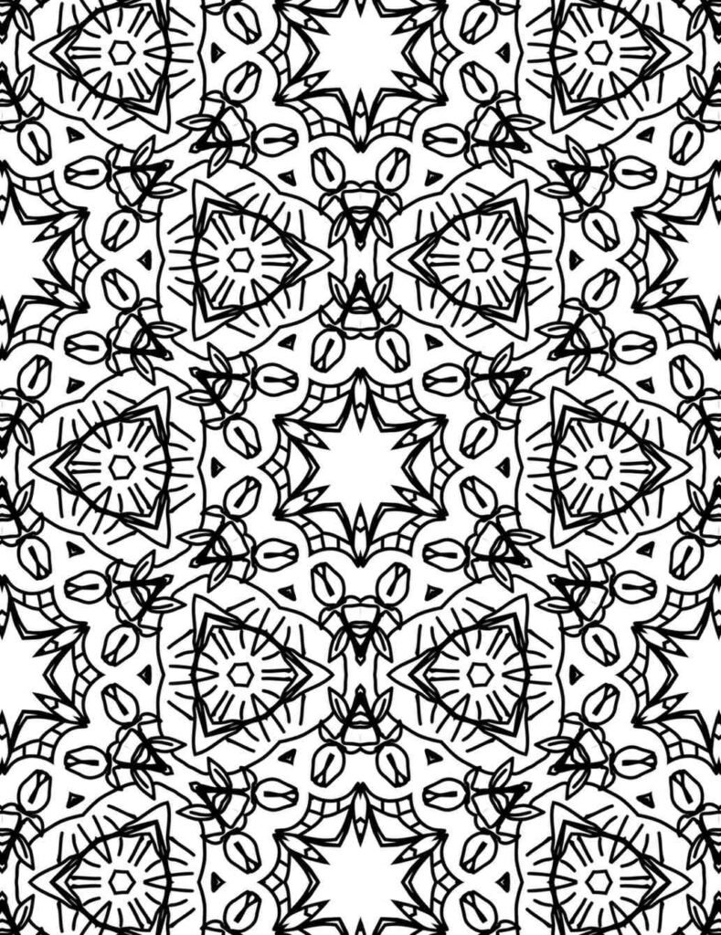 Detailed black and white radiant flower mandala for coloring and meditation