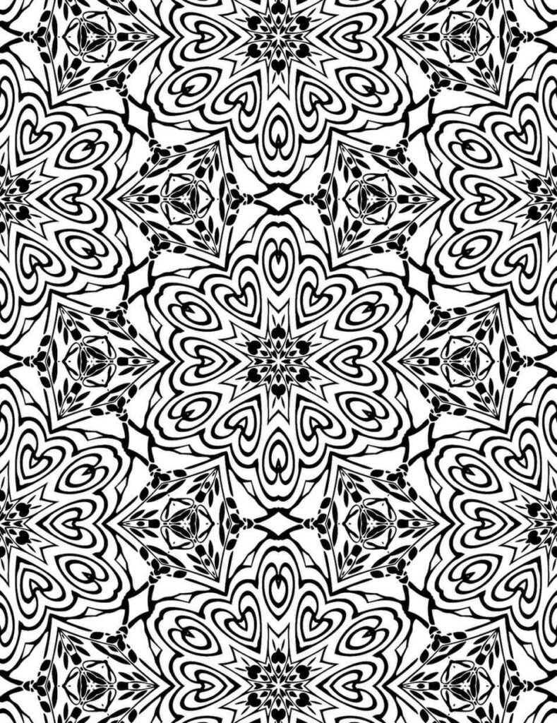 Complex black and white mandala with heart-shaped petals and starburst spiral patterns for coloring and meditation