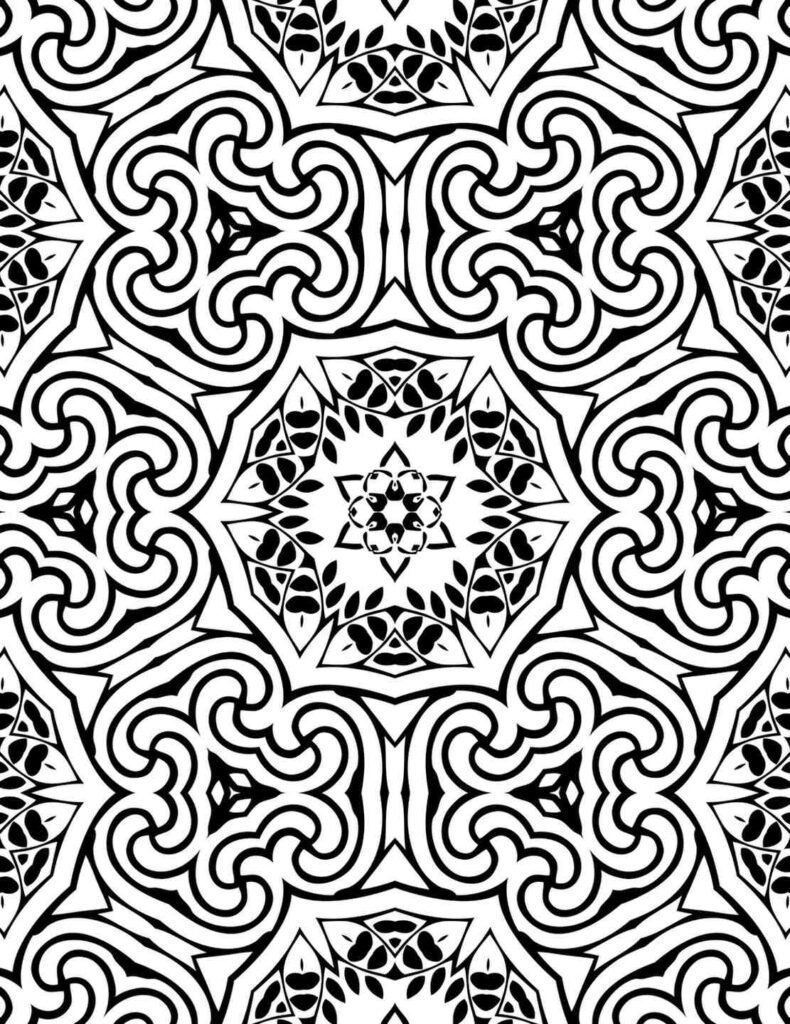 Black and white mandala with central floral symmetry, swirling maze-like patterns, and organic leaf details for coloring