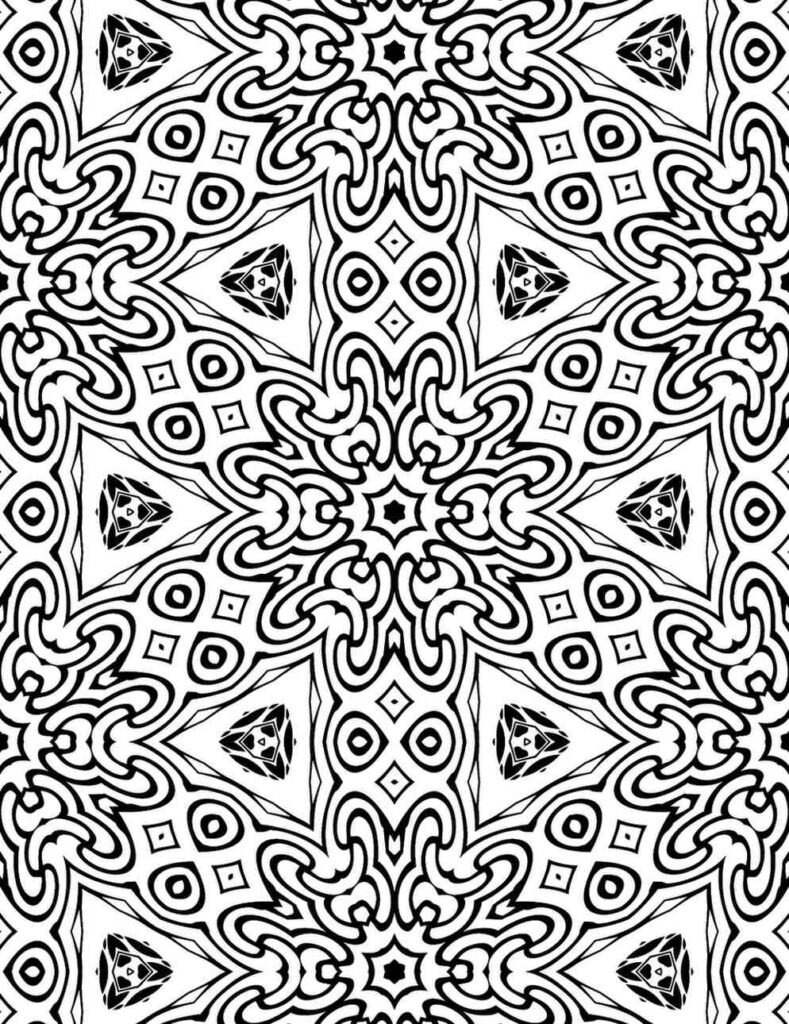 Intricate black and white mandala featuring swirling line patterns, triangular nodes, and diamond-shaped geometric accents