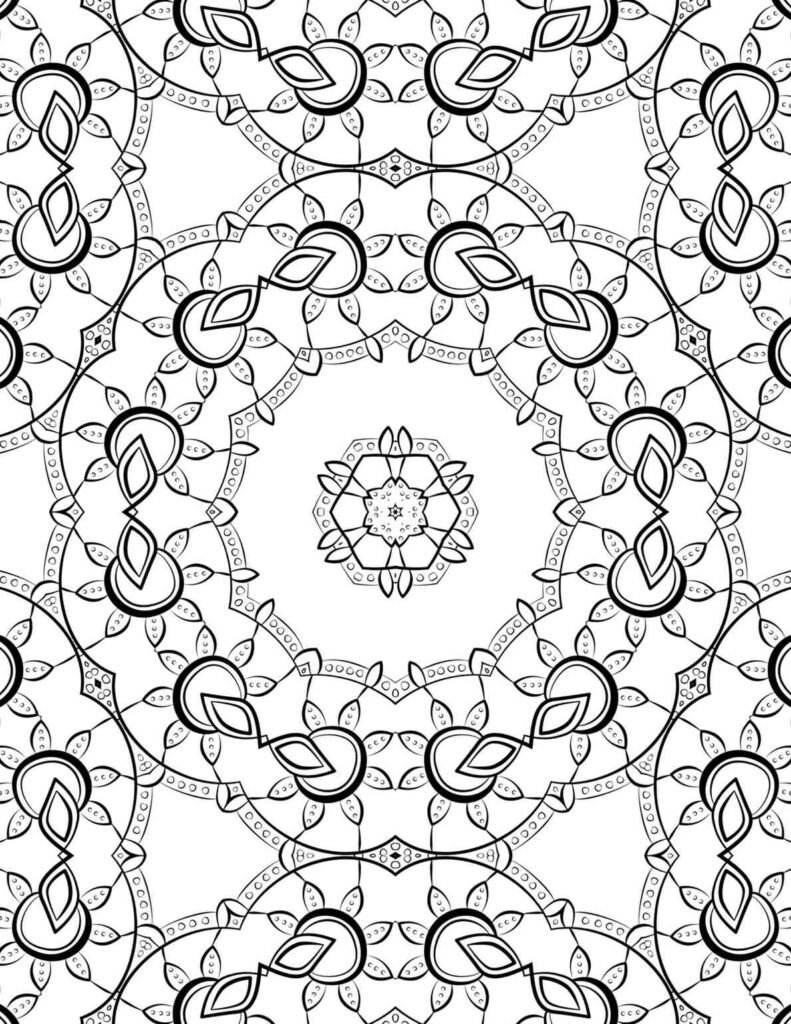 Detailed black and white mandala with interlocking loops, petal bursts, and circular symmetry for coloring, meditation, and DIY crafts