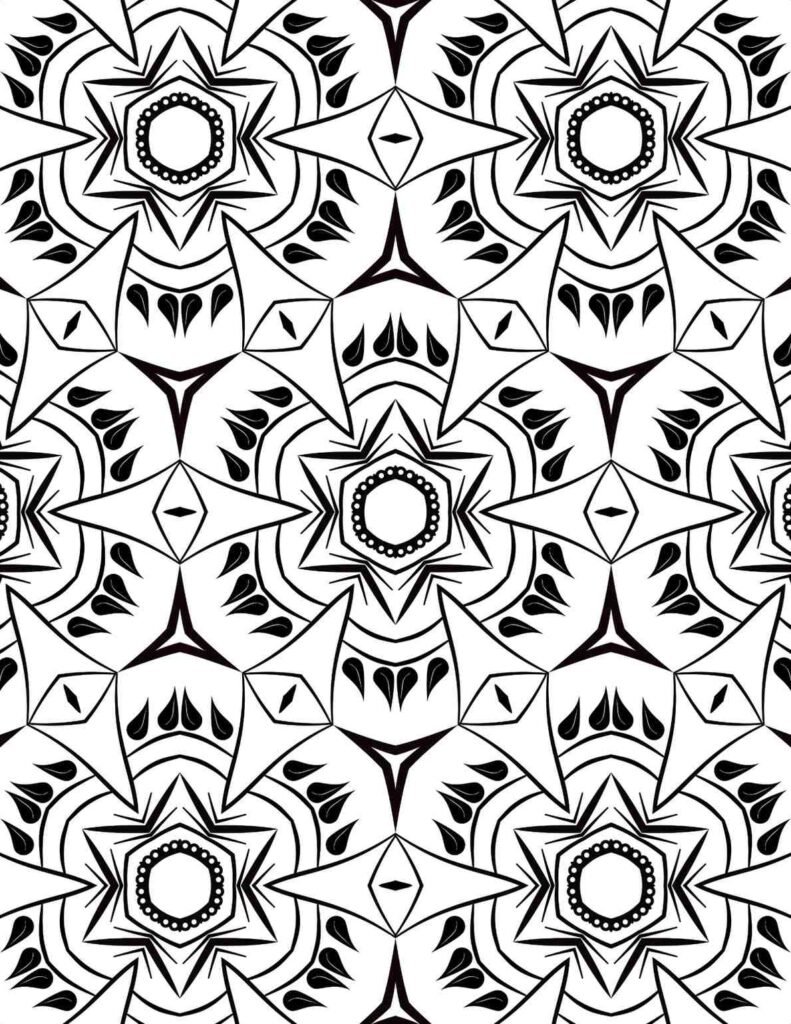 Intricate radiant petal mandala with star centers and teardrop patterns for coloring and meditation.