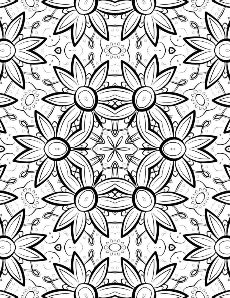 Black and white mandala featuring sunflower-like petals arranged in circular patterns with fine vine and floral detailing.