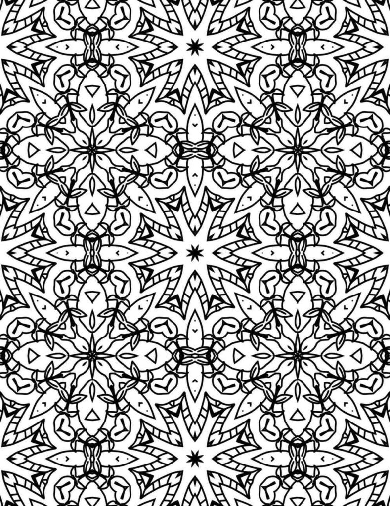 Black and white mandala design with starburst petals and leafy details arranged in geometric symmetry for coloring and mindfulness.