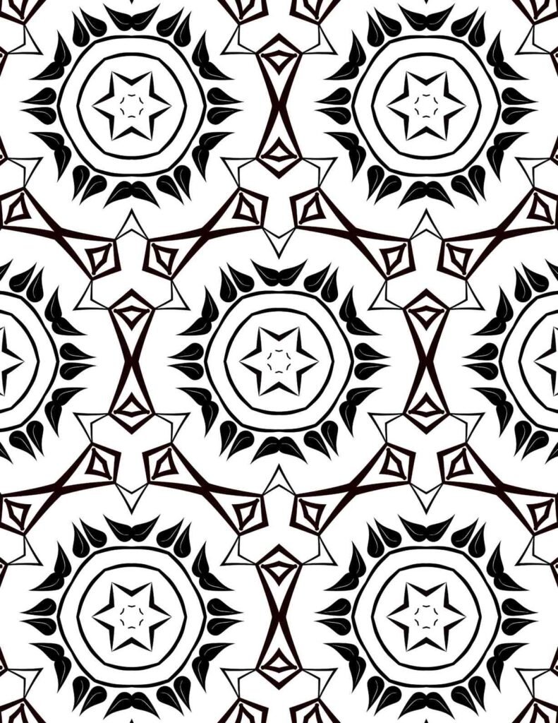 Vibrant black and white radiant petalstar mandala with star centers and diamond frames for coloring and relaxation.