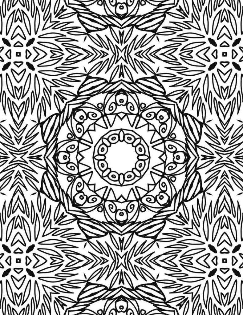 Symmetrical black and white mandala with a central sun-like motif, radiating feathery patterns, and geometric accents, ideal for stress relief.