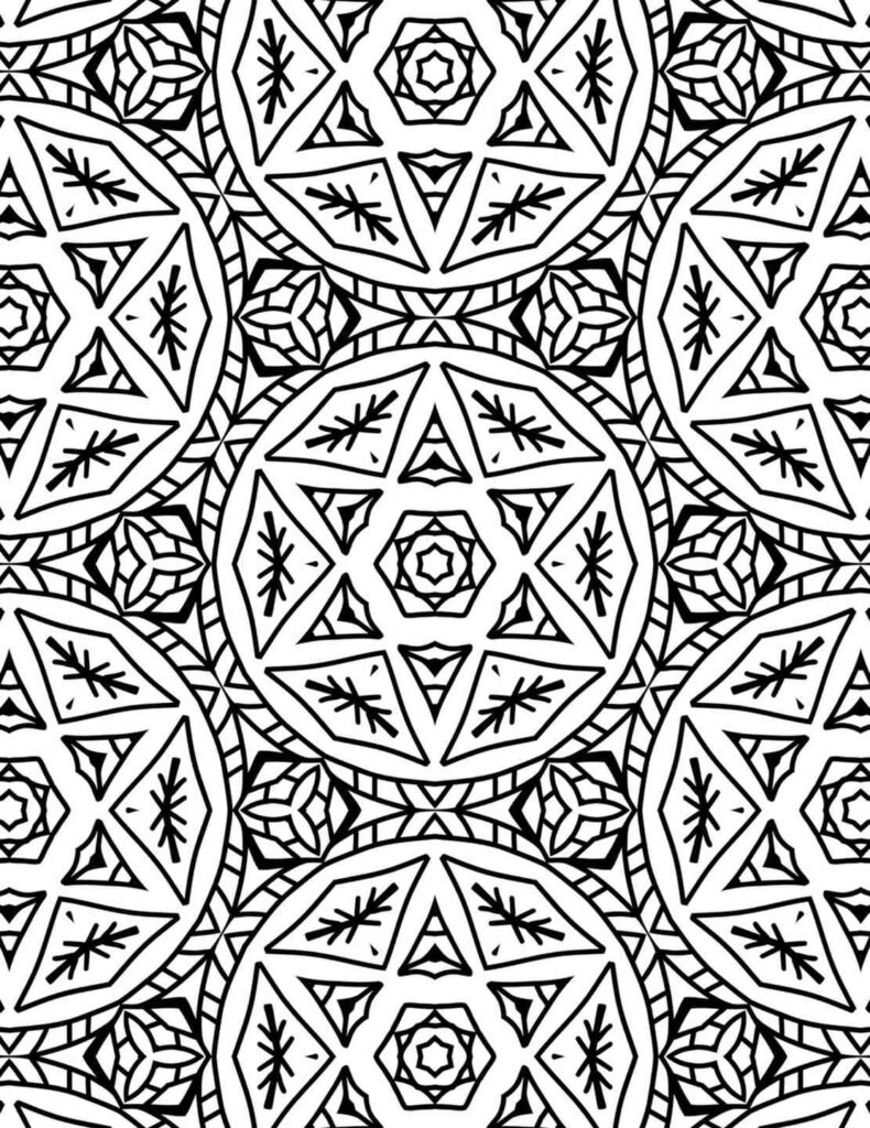 Elegant radiant snowflake mandala with star and floral patterns for coloring and relaxation