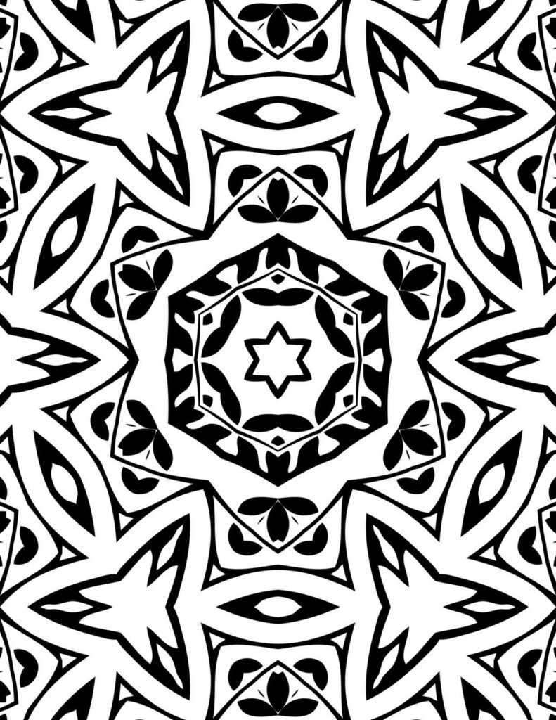Radiant mandala design featuring star shapes, petal accents, and layered floral geometry in bold black and white.