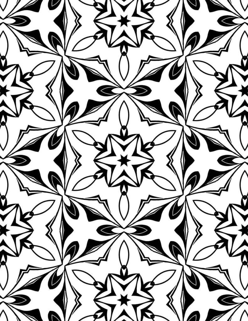 Symmetrical geometric mandala featuring repeating starbursts and stylized leaf patterns, ideal for mindful coloring and stress relief.